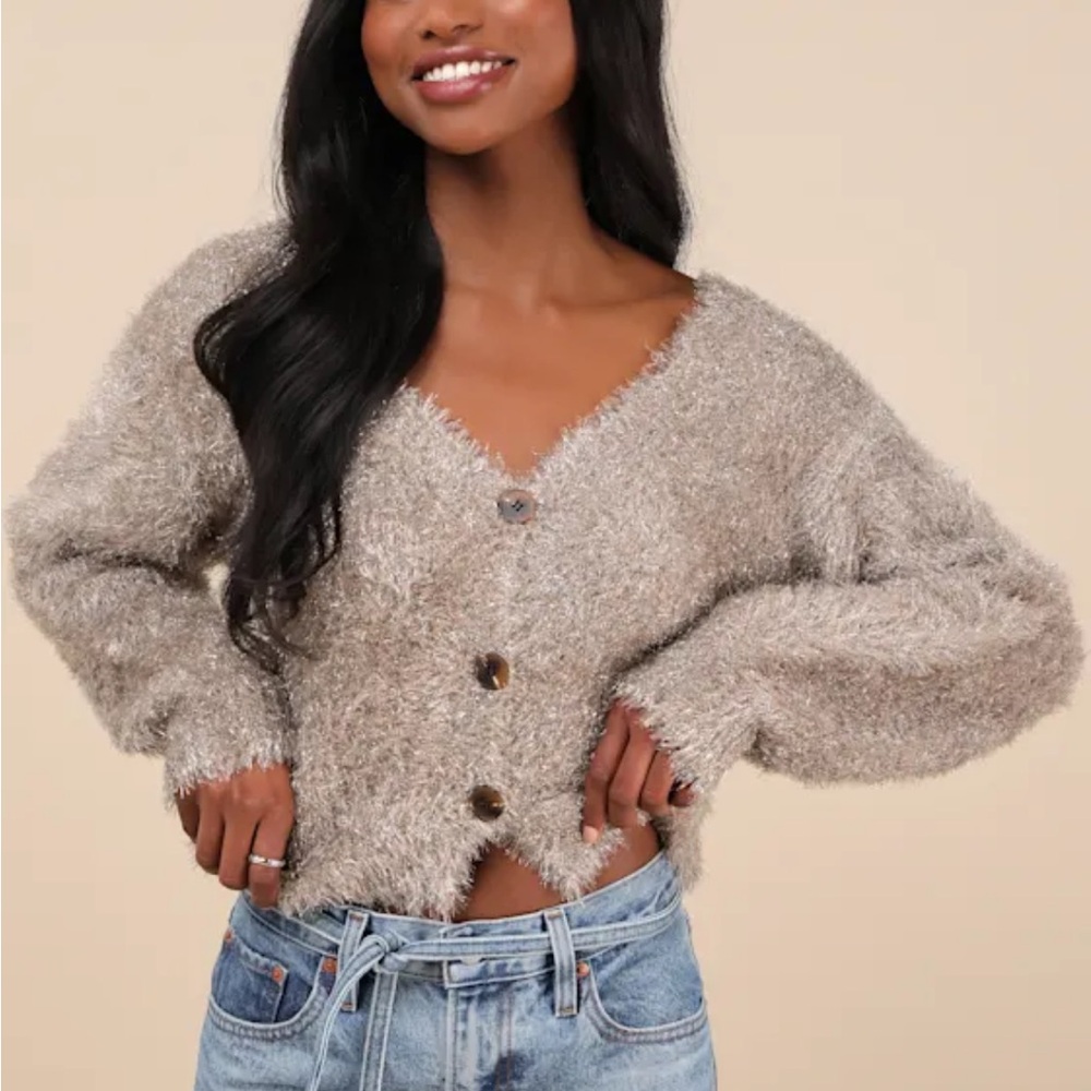Lulus Snuggly Sparkle Taupe and Silver Eyelash Knit Cardigan